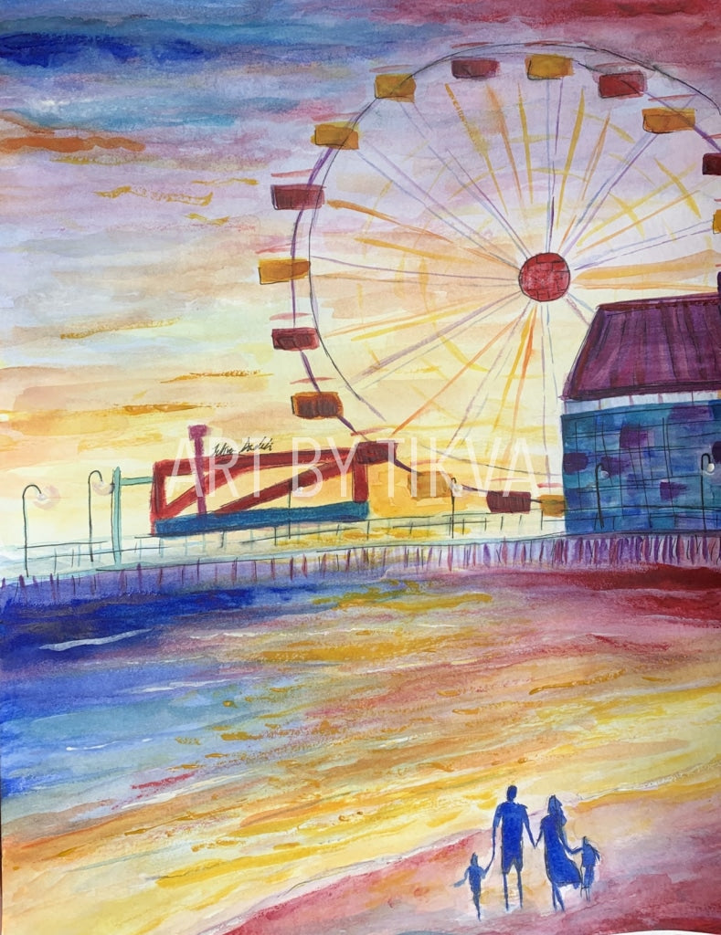 Santa Monica Pier.  santa monica pier painting. interior decorating. home decor. watercolor painting. fine art. 